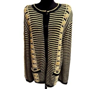 SOUTH COTTON Cardigan Sweater Hand Knit Loomed Black Yellow Floral Stripe SZ LG